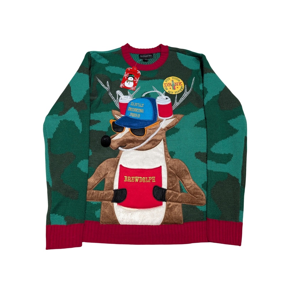 Blizzard Bay Mens Ugly Christmas‎ Sweater Reindeer Beer Drinking Camo Small